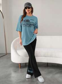 Mulvari 2pcs Women's Casual Letter Print Crew Neck Top And Pants Set, Casual Outfits Tracksuit 2 Pieces Lounge Set, Suitable For Walking/Sports/Back To School & Everyday Casual Wear 2 Pieces Set