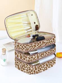 Ariqdhaksinargha Artist Leopard Print Fashionable 3 Layer Cosmetic Bag For Storage, Square-Shaped Makeup Bag - Multicolor - View 2