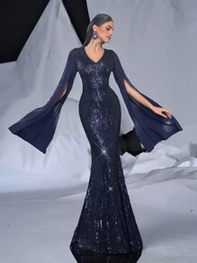 SHEIN Belle Elegant And Gorgeous Dark Blue Quiet Luxury Fine Sequins Sequins Splicing Super Long Sleeves Elegant Fishtail Skirt Suitable For Evening Parties Dating Elegant Ladies Formal Evening Dress, Prom Gown, For Wedding Guest, Graduation, Dinner