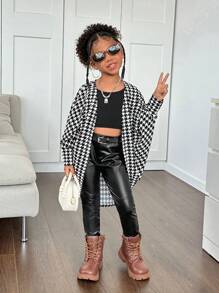 SHEIN Young Girl Knit Geometric Pattern Loose Casual Cardigan - Black and White - View 6