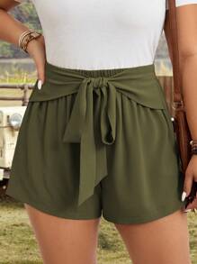 SHEIN LUNE Quần short nơ cỡ lớn, thoải mái thường ngày màu mơ - xanh quân đội - Xem 4
