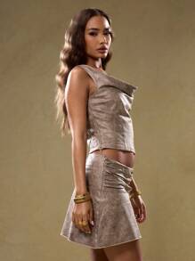 MUSERA Sexy Cowl Neck Brushed PU Sleeveless Blouse Top Summer Ibiza Festival - Khaki - View 5