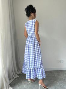 SHEIN Frenchy 女士无袖前系带格子褶皱连衣裙休闲度假，秋季女士连衣裙，法式前系带蓝白格子度假休闲长连衣裙 - 藍色 - 查看 2