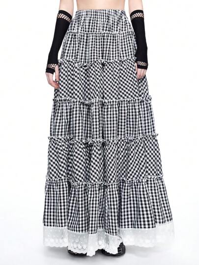 Jupe longue à volants avec bordure de dentelle en tartan rétro noir et blanc kawaii pour femmes