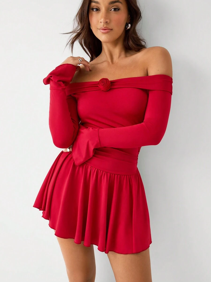 SHEIN Unity 女士露肩长袖碎花褶皱优雅连衣裙 - 紅色 - 查看 1