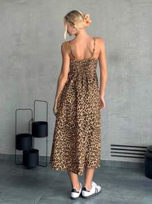 SHEIN EZwear Leopard Print Woven Spaghetti Strap Women's Vacation Dress - Brown - View 2