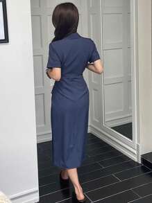 DAZY Vestido de mujer de cuello solido con escote en V y pliegues, vestido camisero casual diario - Azul Marino - Ver 2