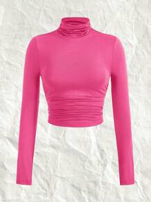 SHEIN EZwear 情人节，加大码女式纯色针织高领褶皱长袖 T 恤 - 玫紅色 - 查看 1