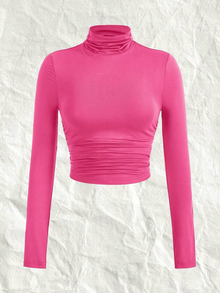 SHEIN EZwear 情人节，加大码女式纯色针织高领褶皱长袖 T 恤 - 玫紅色 - 查看 1