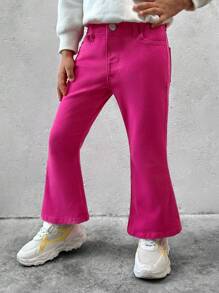 SHEIN Explorewe Young Girls New Y2K Style Fuchsia Color Energetic Denim Flared Pants, Suitable For Daily Wear Colorful Outfit - Pink - View 3