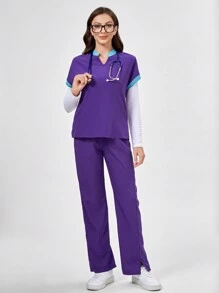 TaskEZ Parte superior de uniforme de manga corta tipo murciélago de cuello en V de color contrastante, parte superior de uniforme clásica moderna suave con ribete de contraste