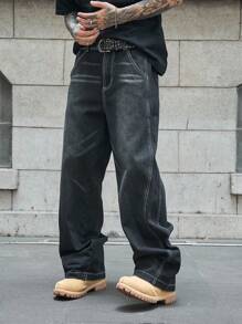 GALLERY FADE 男士宽松阔腿休闲牛仔裤，带口袋，纯色深色牛仔裤，长款宽松纯黑色洗水工装牛仔裤，适合丈夫、男朋友的礼物 - 黑色 - 查看 5