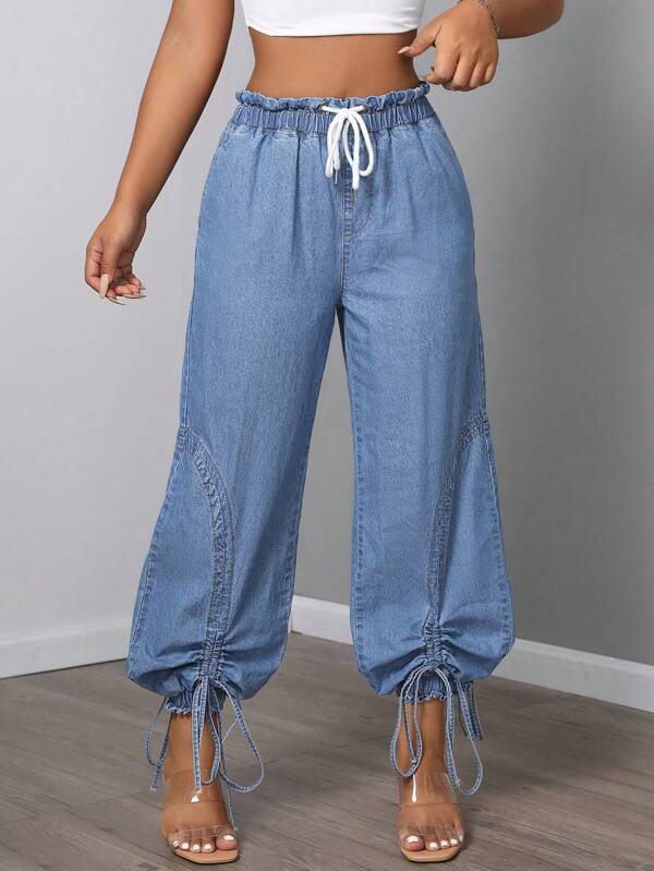 SHEIN SXY Women's Waist Tie Drawstring Wide Leg Casual Denim Jeans