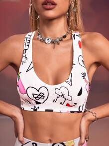 Designer Cartoon Printed Cross Back Straps Tank Top, Holiday, Going Out, Festival