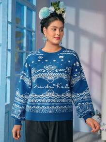 Frida Kahlo X SHEIN Suéter de punto clásico azul de cuello redondo suelto y suave en talla grande - Azul - Ver 4