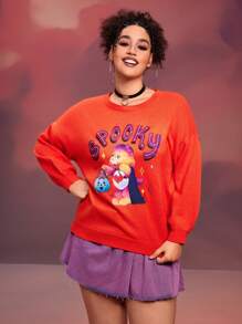 SHEIN X Care Bears 大码女式万圣节卡通熊和字母图案落肩毛衣 - 橘色 - 查看 1