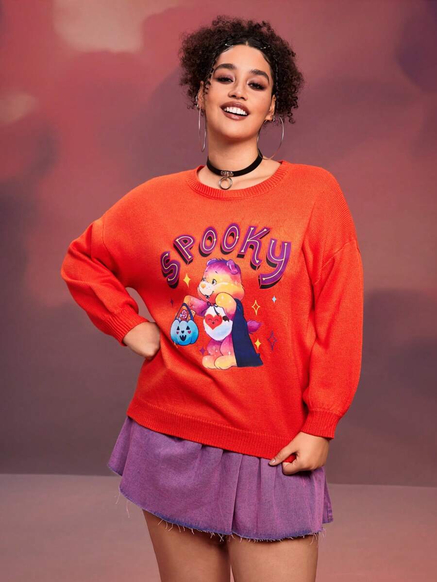 SHEIN X Care Bears 大码女式万圣节卡通熊和字母图案落肩毛衣 - 橘色 - 查看 1