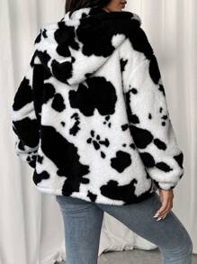 SHEIN EZwear Women Regular Length Two-Sided Fleece Cow Print Jacket In Fall/Winter - Black and White - View 2