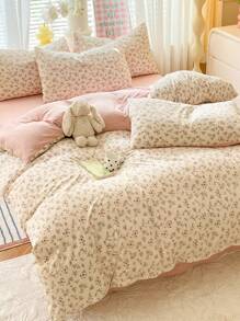 3 件套花卉床上用品：1 个羽绒被套，2 个枕套，无填充物，柔软水洗面料，适合所有季节 - 藕粉色 - 查看 1