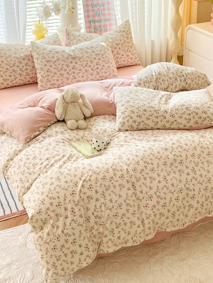 3 件套花卉床上用品：1 个羽绒被套，2 个枕套，无填充物，柔软水洗面料，适合所有季节 - 藕粉色 - 查看 1