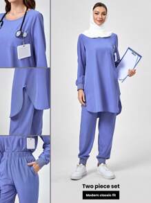 TaskEZ 纯色圆领长袖上衣和裤子制服套装 - 淺藍色 - 查看 1