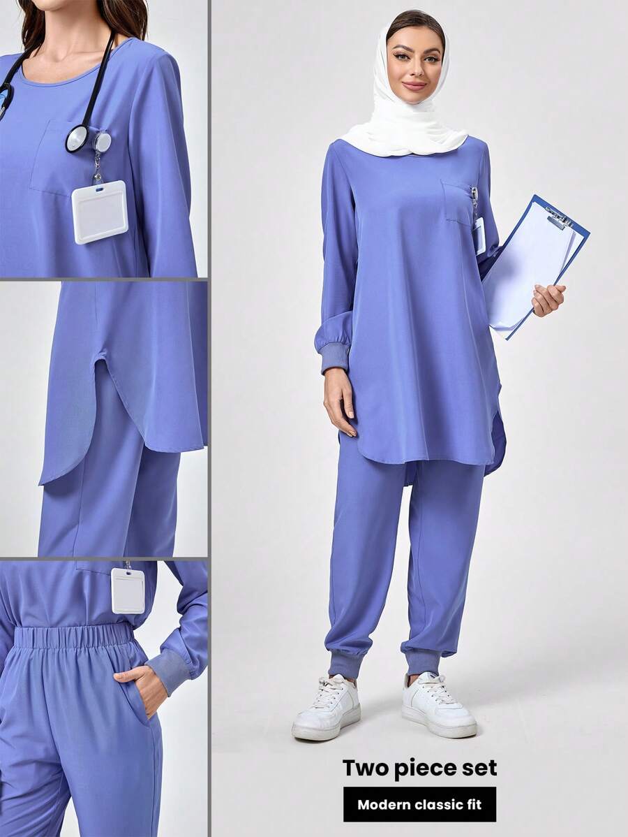 TaskEZ 纯色圆领长袖上衣和裤子制服套装 - 淺藍色 - 查看 1