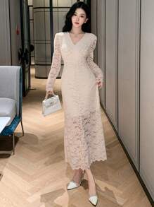 Vestido de encaje con cuello en V y envolvente para mujer, vestido de fiesta de cumpleaños, con volantes, vestido largo de manga larga elegante para mujer - Blanco - Ver 4