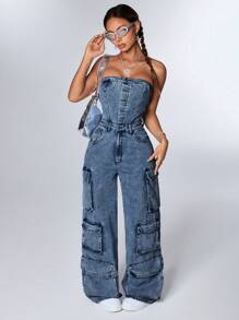 SHEIN ICON Bộ đồ liền thân denim không tay cho nữ - Rửa tối - Xem 6