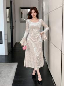 DAZY 女士优雅纯色褶皱喇叭袖保暖中长连衣裙，秋季舞会礼服，新年晚会礼服 - 杏色 - 查看 7