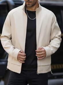 Manfinity Homme Men Textured Knit Cardigan Jacket, Stand Collar, Beige, Fall - White - View 5