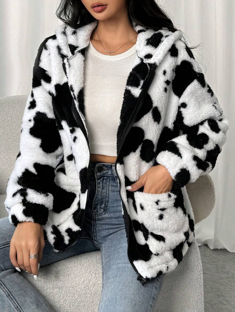 SHEIN EZwear Women Regular Length Two-Sided Fleece Cow Print Jacket In Fall/Winter - Black and White - View 1