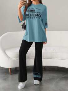 Mulvari 2pcs Women's Casual Letter Print Crew Neck Top And Pants Set, Casual Outfits Tracksuit 2 Pieces Lounge Set, Suitable For Walking/Sports/Back To School & Everyday Casual Wear 2 Pieces Set