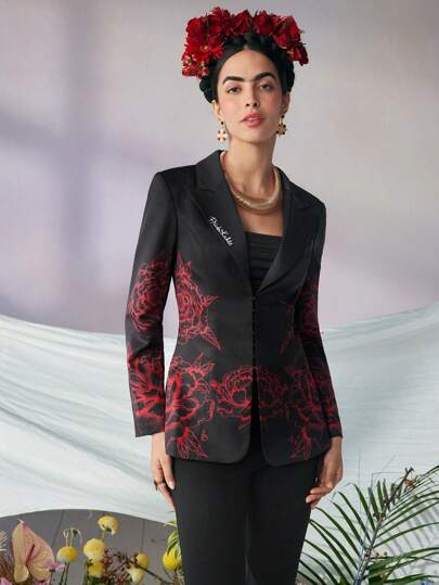 KATHARSIS Frida Kahlo X SHEIN X Designer 商务休闲尖头翻领花朵印花修身西装外套，适合节日、感恩节、春季、节日、办公室