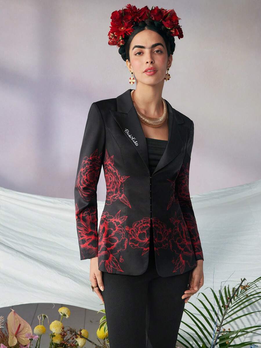 KATHARSIS Frida Kahlo X SHEIN X Designer 商务休闲尖头翻领花朵印花修身西装外套，适合节日、感恩节、春季、节日、办公室 - 黑色 - 查看 1