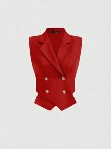 SHEIN MOD 女士夏季休闲纯色秋冬双排扣马甲夹克 - 酒紅色 - 查看 1