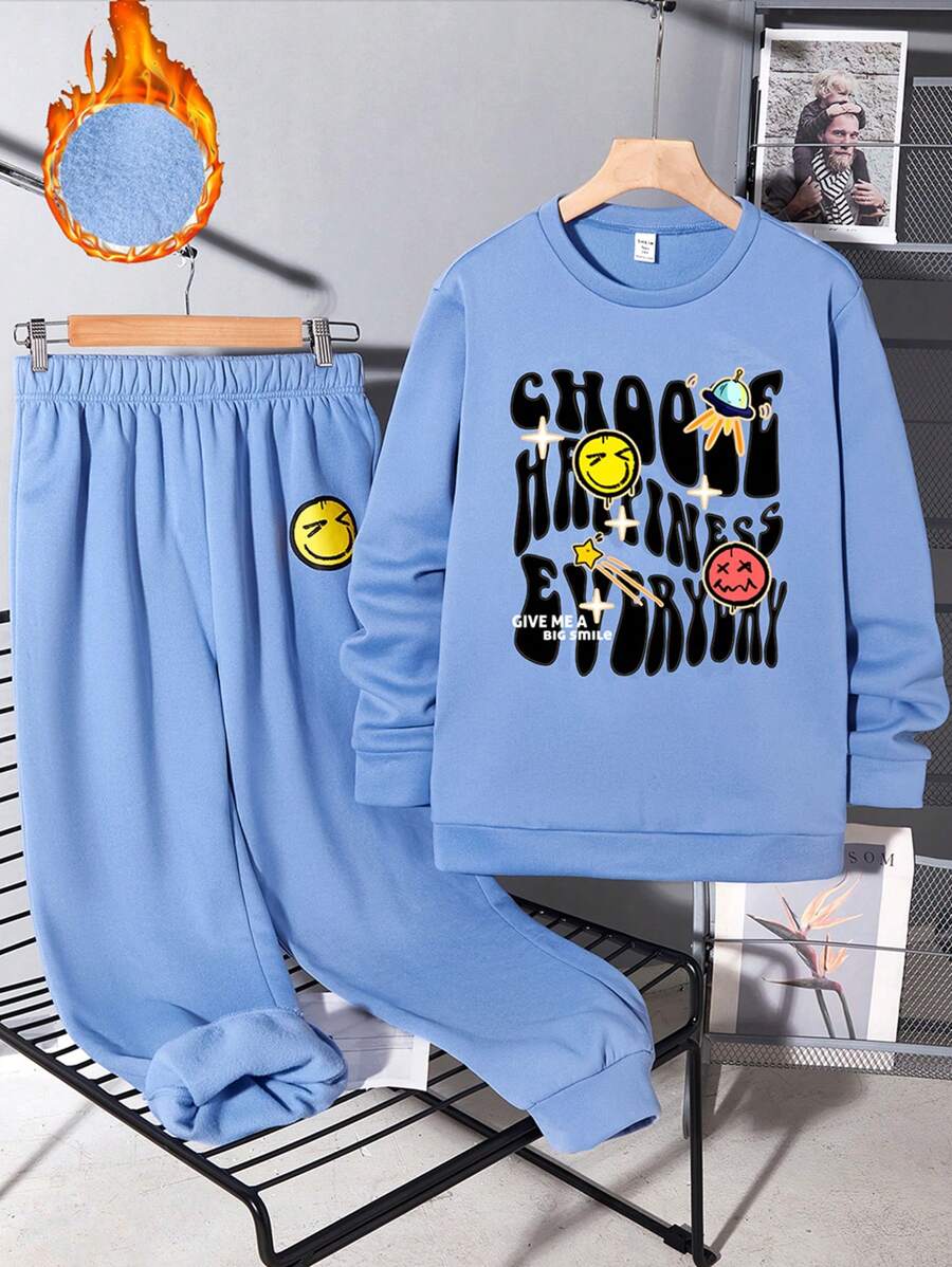 SHEIN 2pcs Teen Boys' Casual Navy Blue English Smiling Face & UFO Print