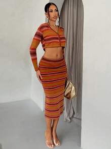 Glamine Bộ 2 áo len cardigan sọc nhiều màu ngắn và chân váy dài ngang gối cho nữ - Nhiều màu - Xem 5