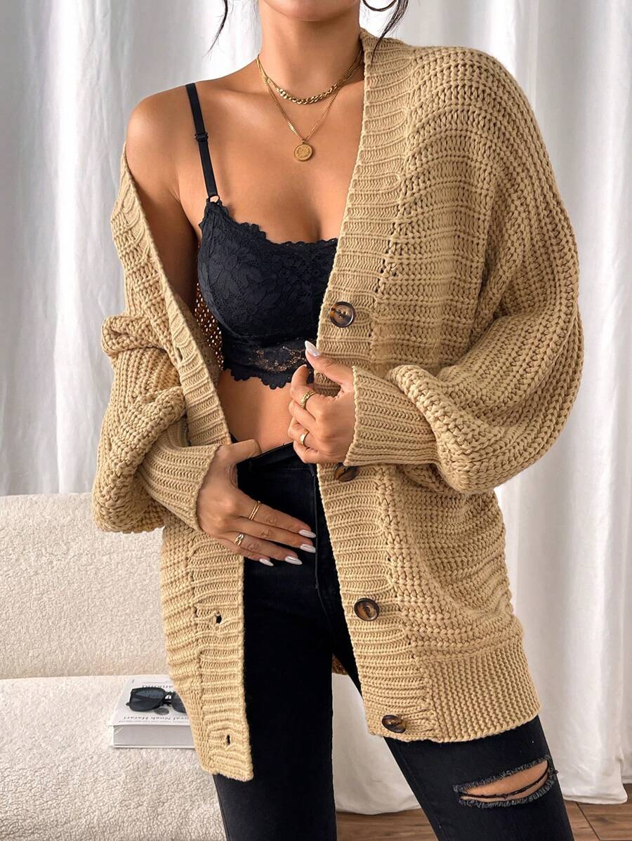 Chiquease Damen Einfarbige Minimalistische Lässig Strickjacke - Khaki - Übersicht 1