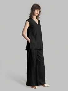 Ontre 2 件套女士纯色简约休闲无袖上衣和裤子套装，奶油黄色，秋装 - 黑色 - 查看 7