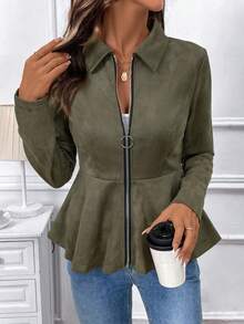 SHEIN LUNE 女士纯色简约日常拉链长袖夹克 - 軍綠色 - 查看 3