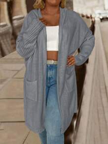 Calvaya Plus Size Women Hooded Long Sleeve Solid Color Casual Loose Comfortable Cardigan, For Winter - Grey - View 3