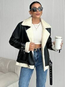 EURMUSE French Patchwork Fabric Zip-Up Jacket With Faux Shearling Trims - Black - View 6