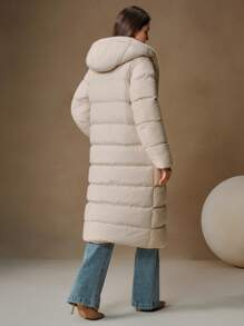 Anewsta Thick Long Reversible Hooded Women Jacket With Horizontal Quilting Lambswool Lining - Beige - View 6