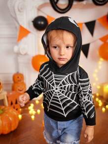 Babyjongens schattige Halloween Spinnenweb Print Hoodie met Oogpatroon, Lange Mouw Sweatshirt voor Fotografie, Feest, Casual, Geschikt voor Herfst & Winter