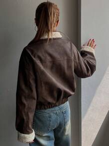 DAZY 女士立领拉链长袖休闲日常时尚外套，冬季女装，冬季女式外套，秋季女式皮夹克 - 棕色 - 查看 7