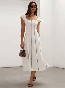 COSMINA Cream-Color Linen Blend Color Block Fitted Sleeveless A-Line Old Money Style Elegant Dress For Women, Spring/FAll,Sun Dress,Summer Dresses For Women