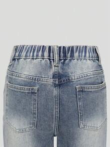 SHEIN Quần Jeans Denim Xé Trung Bình Màu Xanh Phai Cổ Điển Thường Ngày Cho Bé Gái - Rửa trung bình - Xem 3
