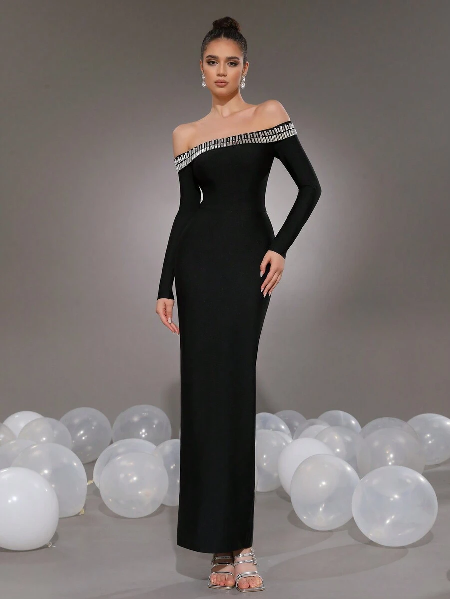 Modphy Đầm Maxi Bodycon hở vai màu đen dài tay gợi cảm cổ chữ V đính kim cương pha lê, Đầm dự tiệc tối trang trọng cho nữ, Đầm dự tiệc cưới - màu đen - Xem 1