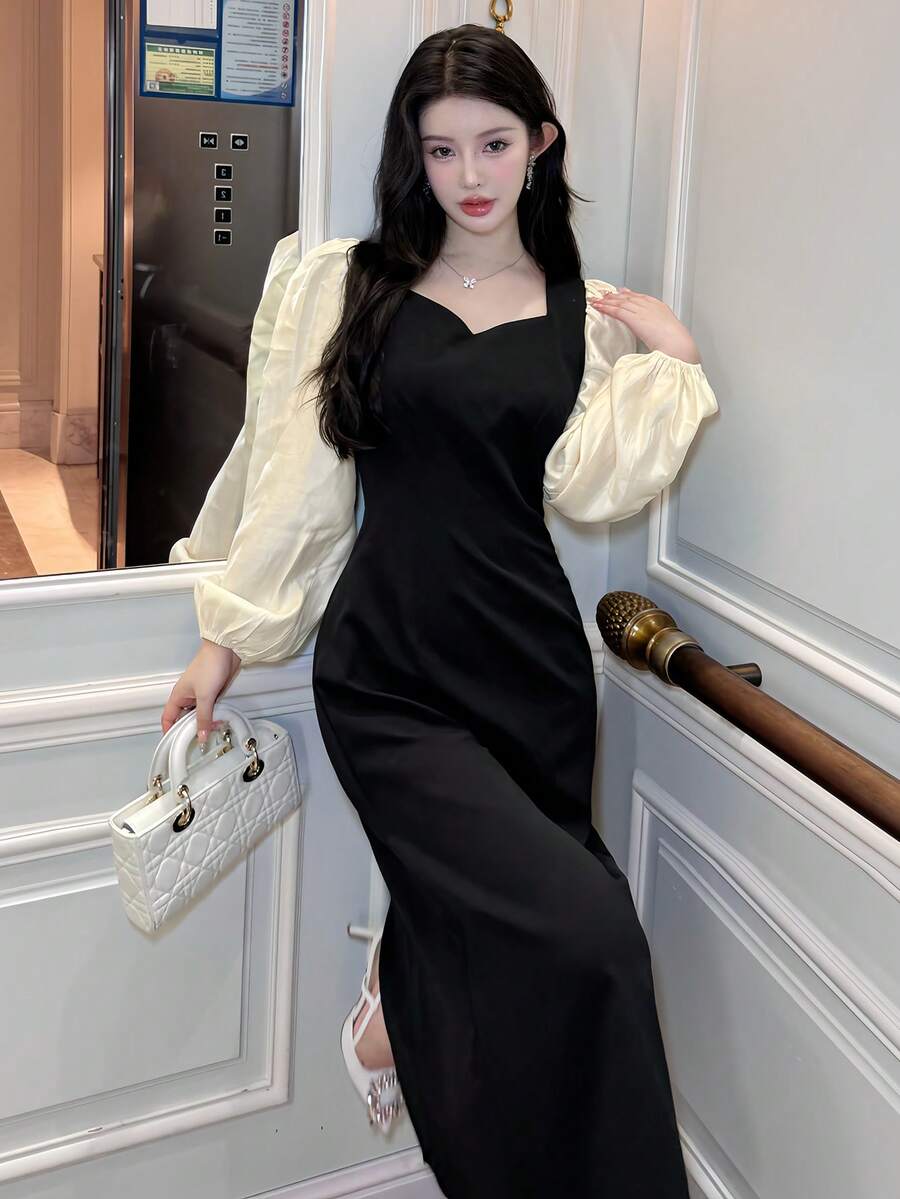 DAZY 女士拼色长袖休闲长裙、生日舞会礼服 - 黑色 - 查看 1