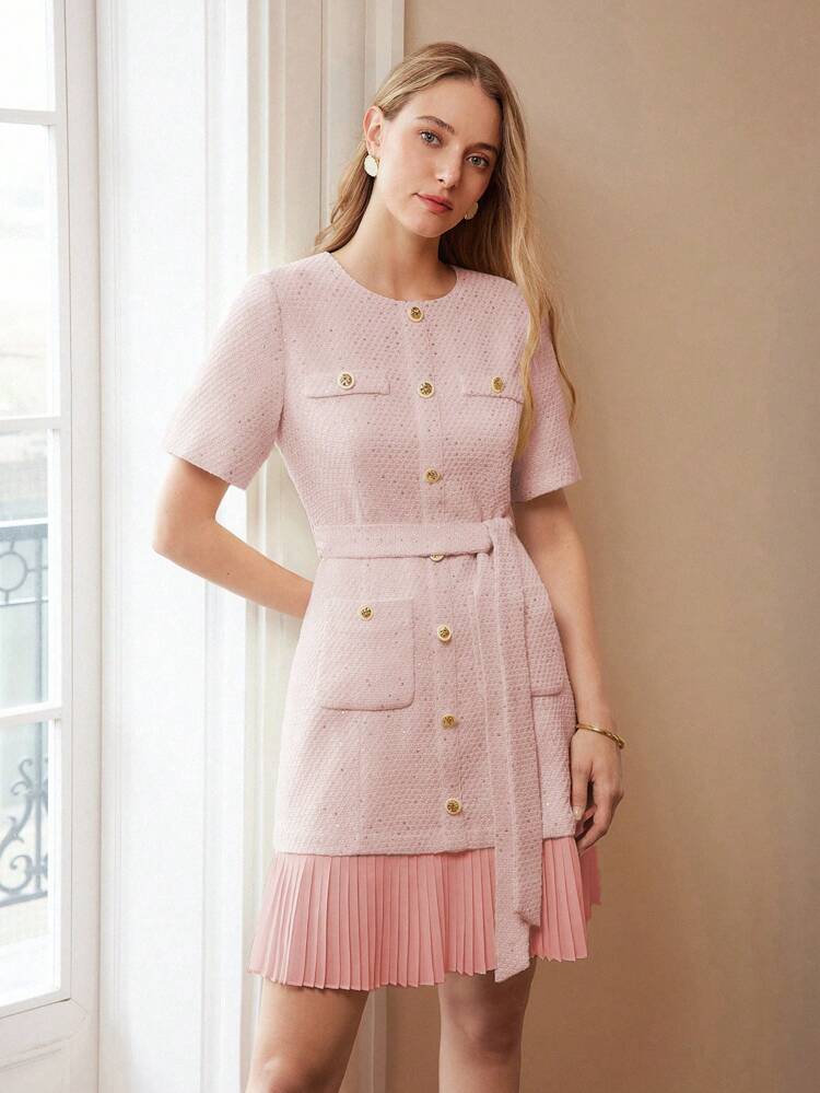 TWEED CONTRAST PLEATED HEM DRESS